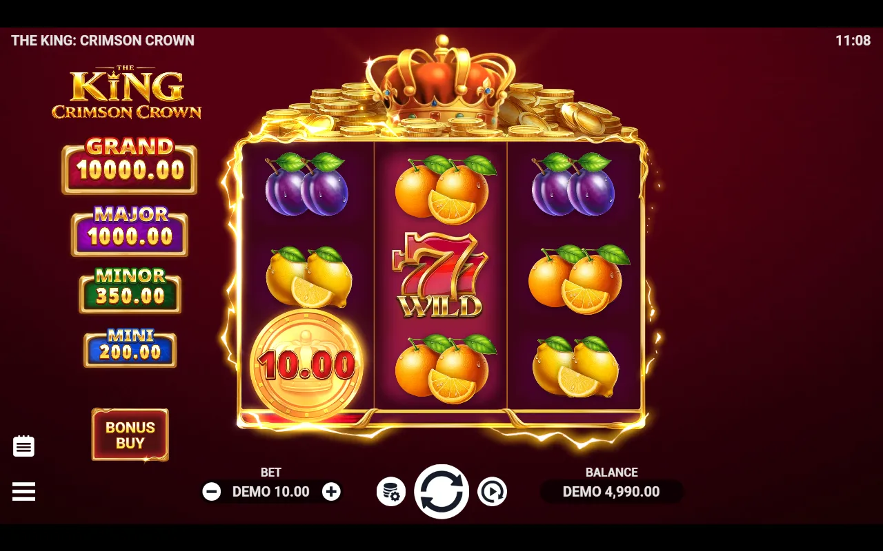 The King Crimson Crown 3x3 reels of glossy fruit symbols with a 10.00 gold crown Coin and the red 77 Wild