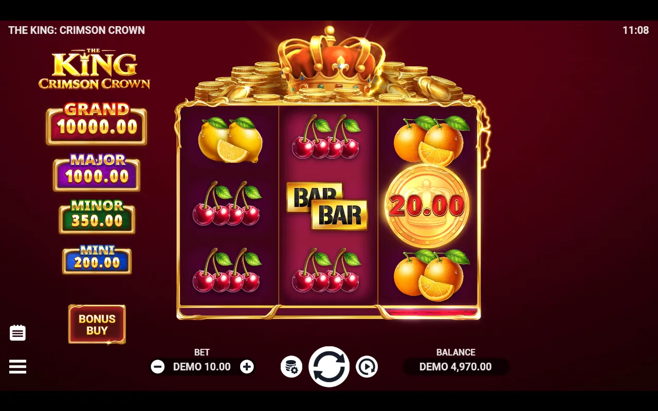 The King Crimson Crown 3x3 reels with a 20.00 gold crown coin on the right reel among cherries and a BAR BAR symbol