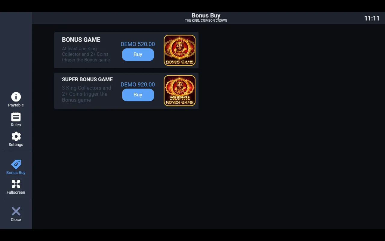 Bonus Buy menu listing Bonus Game at DEMO 520.00 and Super Bonus Game at DEMO 920.00