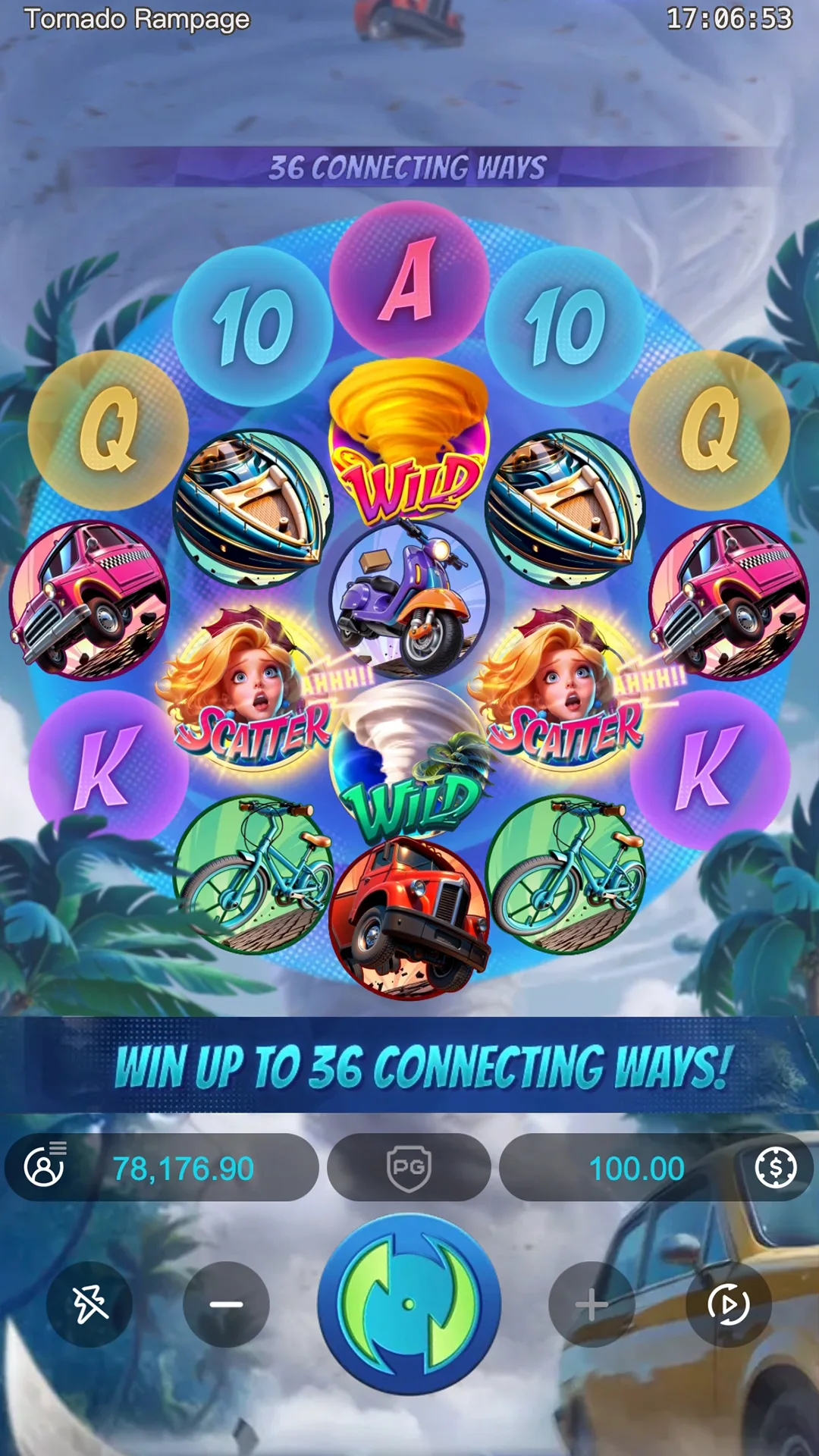 Circular Tornado Rampage grid with two Scatter symbols, a golden tornado Wild and a green tornado Wild among cars, canoes and bicycles