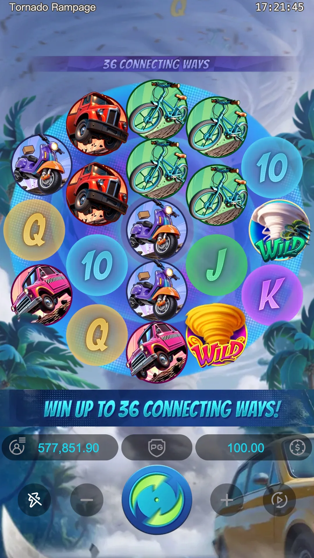 Golden tornado Wild and green tornado Wild on the Tornado Rampage grid with no win displayed
