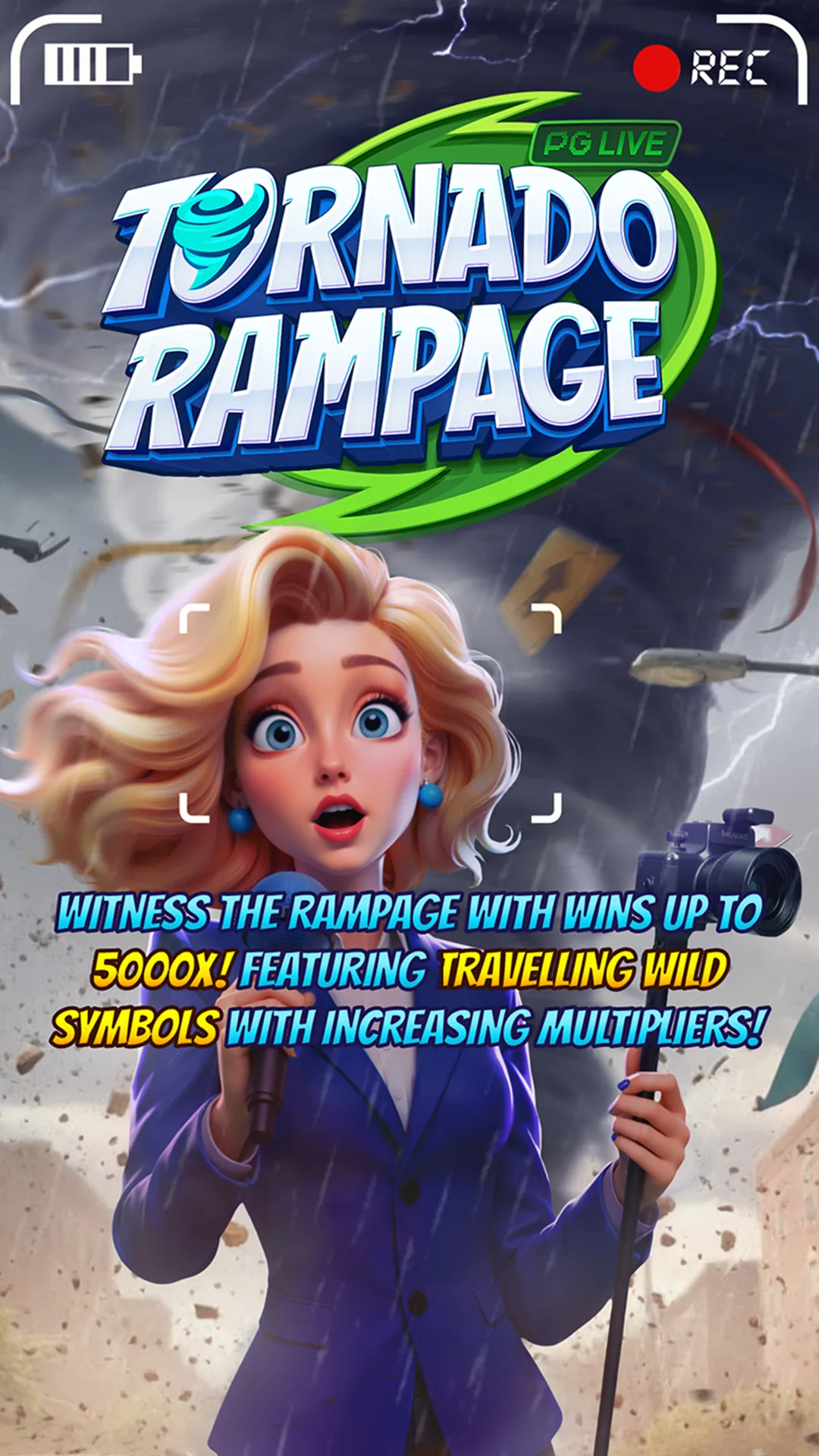 Tornado Rampage title screen with cartoon reporter Mia holding a microphone in front of a tornado