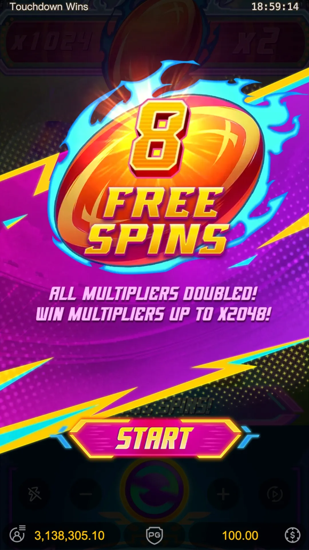 Touchdown Wins free spins intro card reading 8 FREE SPINS, ALL MULTIPLIERS DOUBLED, WIN MULTIPLIERS UP TO X2048