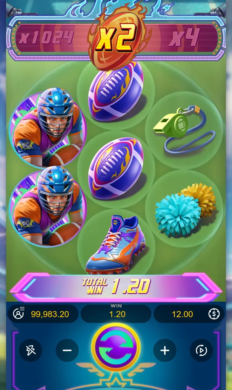 Touchdown Wins grid with two quarterback symbols, two footballs, a whistle, pom-poms and a cleat, x2 lit on the strip and a 1.20 total win
