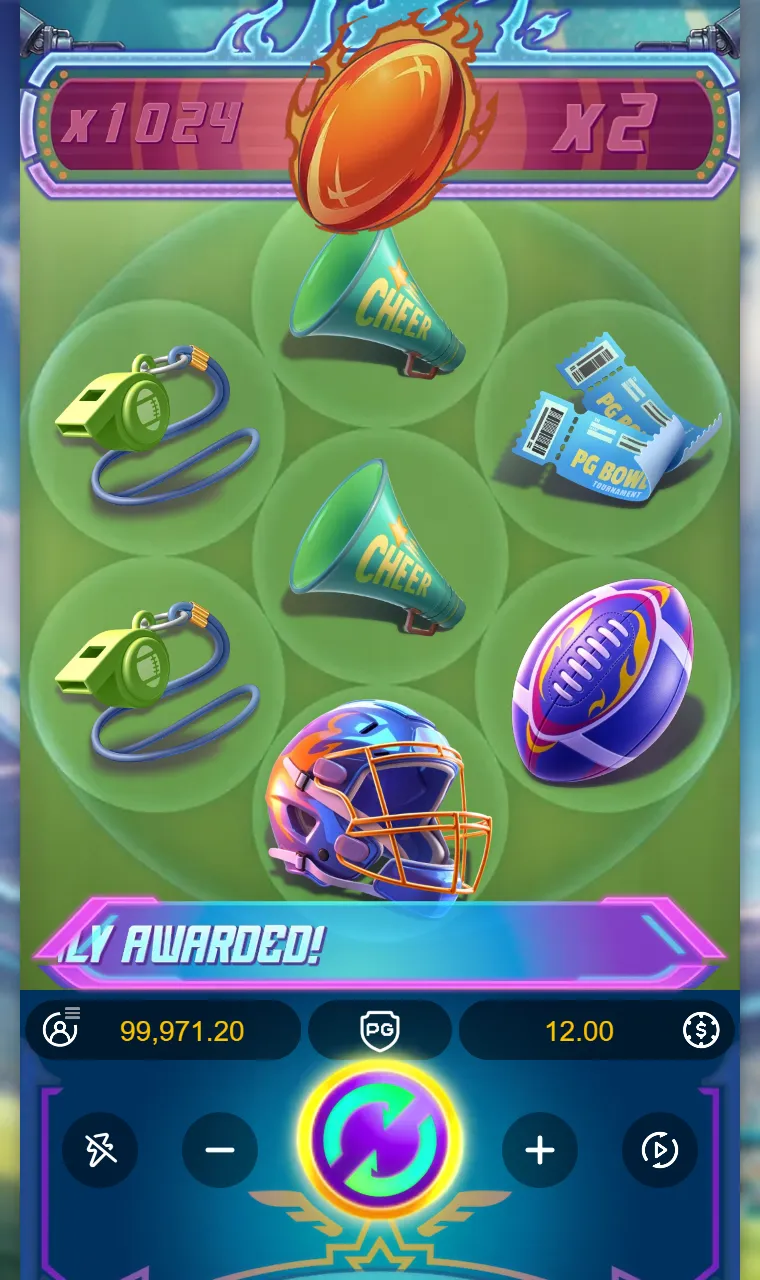 Touchdown Wins 2-3-2 grid showing two whistles, two megaphones, tickets, a ball and a helmet with the multiplier strip dark