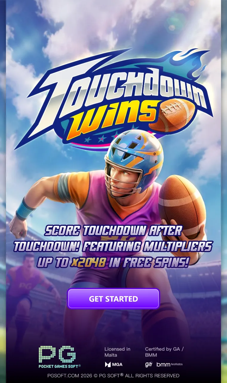 Touchdown Wins splash screen with a quarterback running and the line SCORE TOUCHDOWN AFTER TOUCHDOWN, FEATURING MULTIPLIERS UP TO X2048 IN FREE SPINS