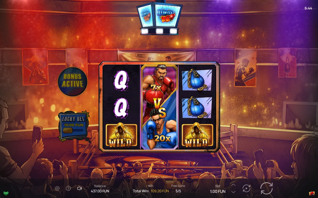 Ultimate KO slot 3x3 boxing grid with a VS expanding wild filling the middle reel and 7x and 20x boxer multipliers