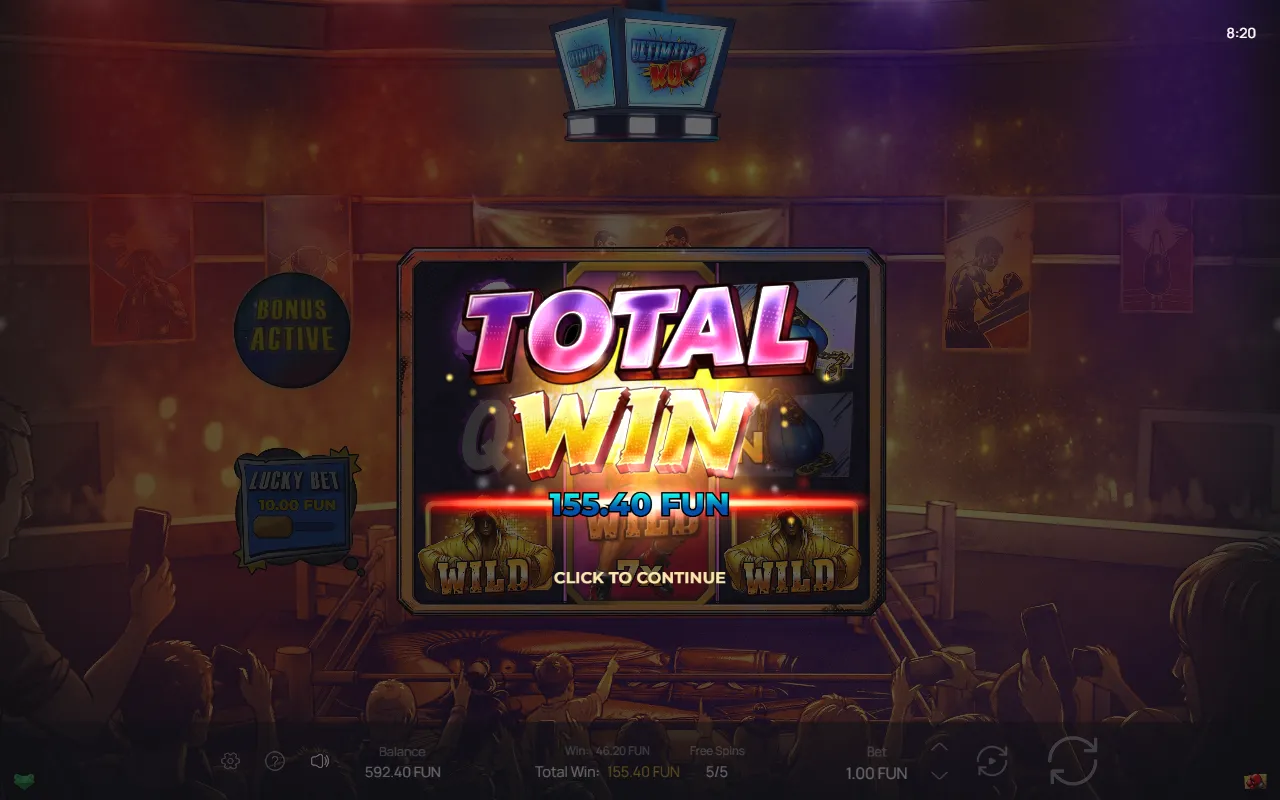 Ultimate KO free spins total win card reading 155.40 FUN with the balance at 592.40