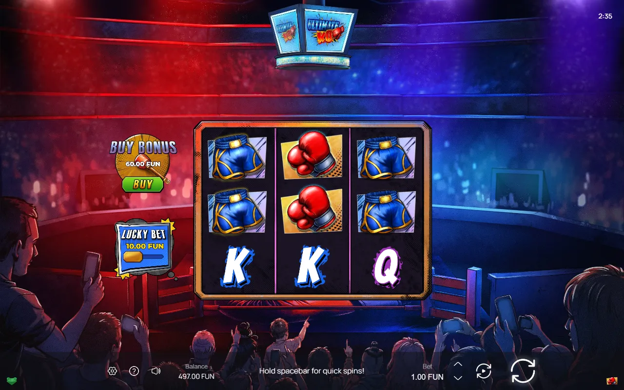 Ultimate KO base game spin with blue shorts and red gloves across the top two rows and no win