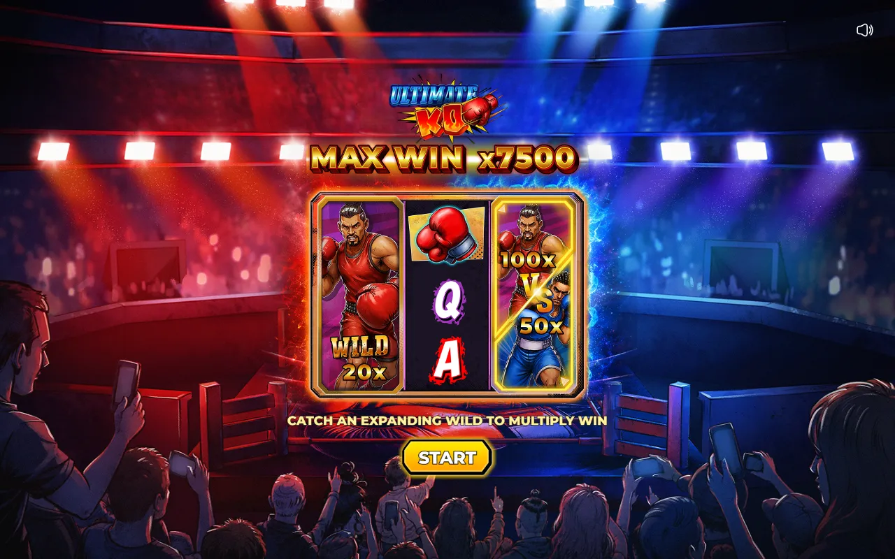 Ultimate KO intro screen with MAX WIN x7500 and a VS tile showing 100x against 50x