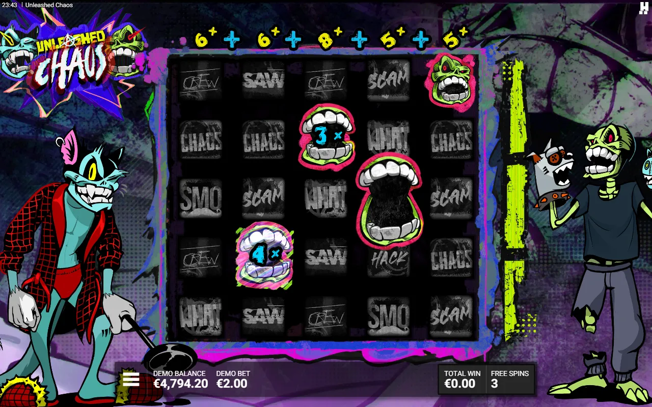 Unleashed Chaos bonus round with Crazy Multiplier symbols on the grid and the reel multipliers above starting to climb
