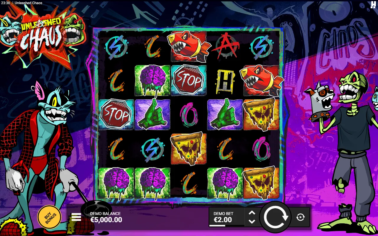 Unleashed Chaos base game, a five by five grid of graffiti symbols flanked by a cartoon cat and a zombie holding a small dog