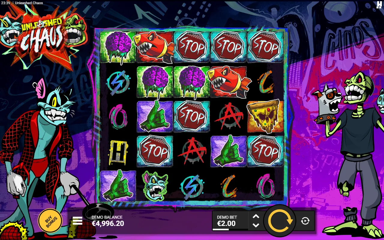 Unleashed Chaos base game with a Cranky Cat wild on the bottom row and no winning combination