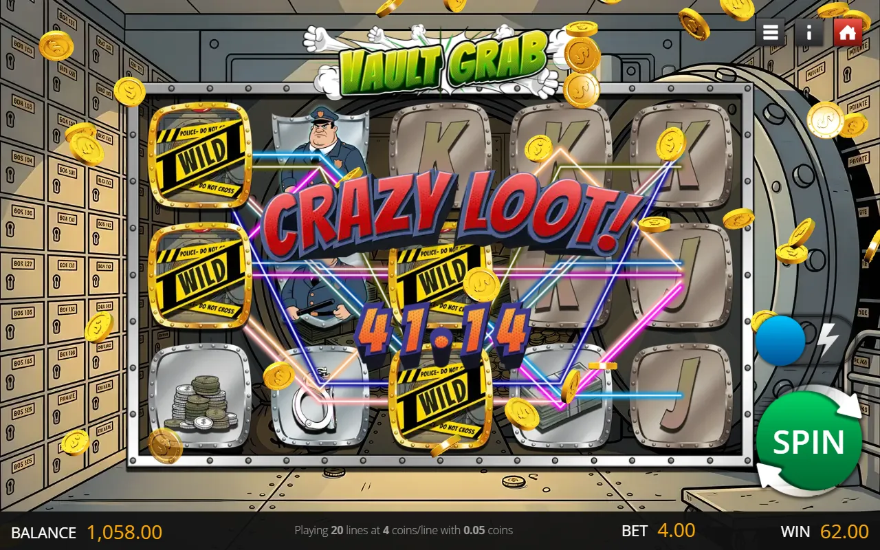 Vault Grab reels with four police-tape wild tiles lit across reels one and three and a red CRAZY LOOT banner over the grid