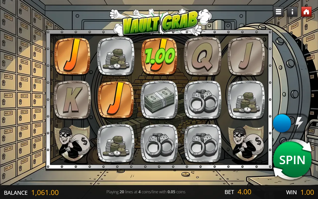 Vault Grab base game with thief scatter symbols on the first and fifth reels and handcuffs on the middle reel