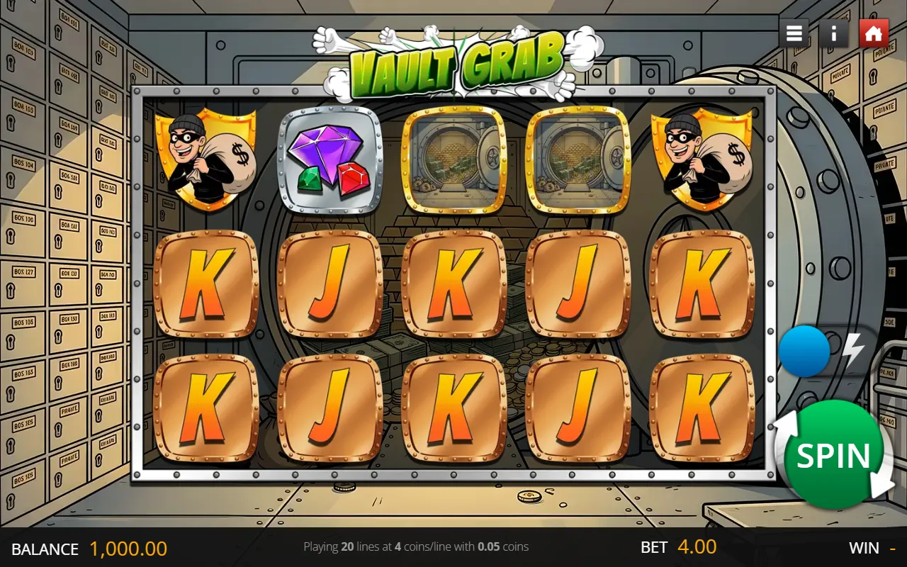 Vault Grab 5x3 grid inside a cartoon bank vault, showing two gold vault-door wilds and two thief scatter symbols on the top row