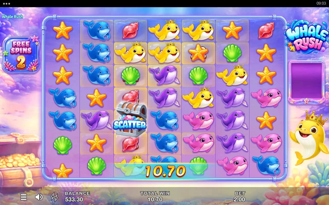 Whale Rush free spins with two spins remaining, a Scatter chest on the grid and marked cells spread across the board