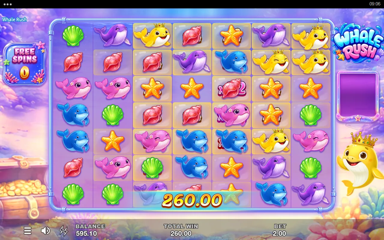 Final free spin of a Whale Rush bonus round, most cells marked with one x2 multiplier cell among them, total win 260.00