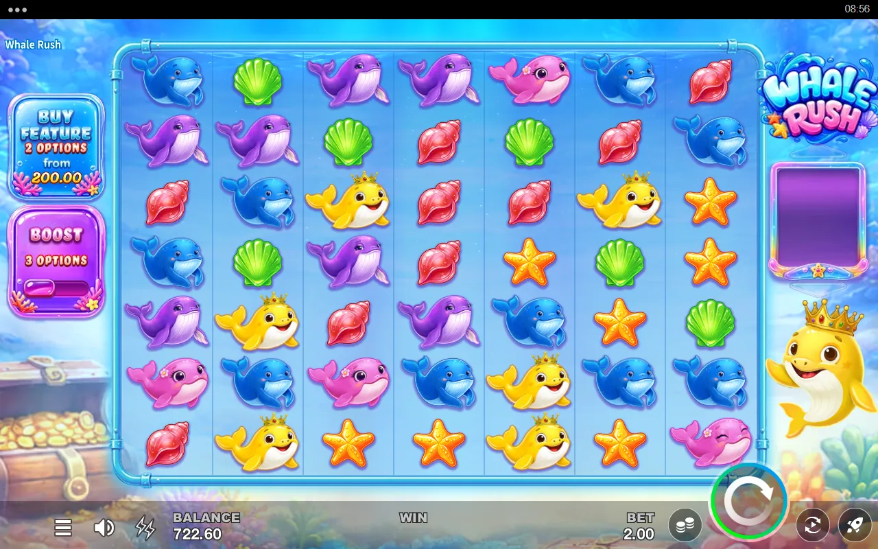 Whale Rush 7x7 grid filled with cartoon whales, conches, scallops and starfish