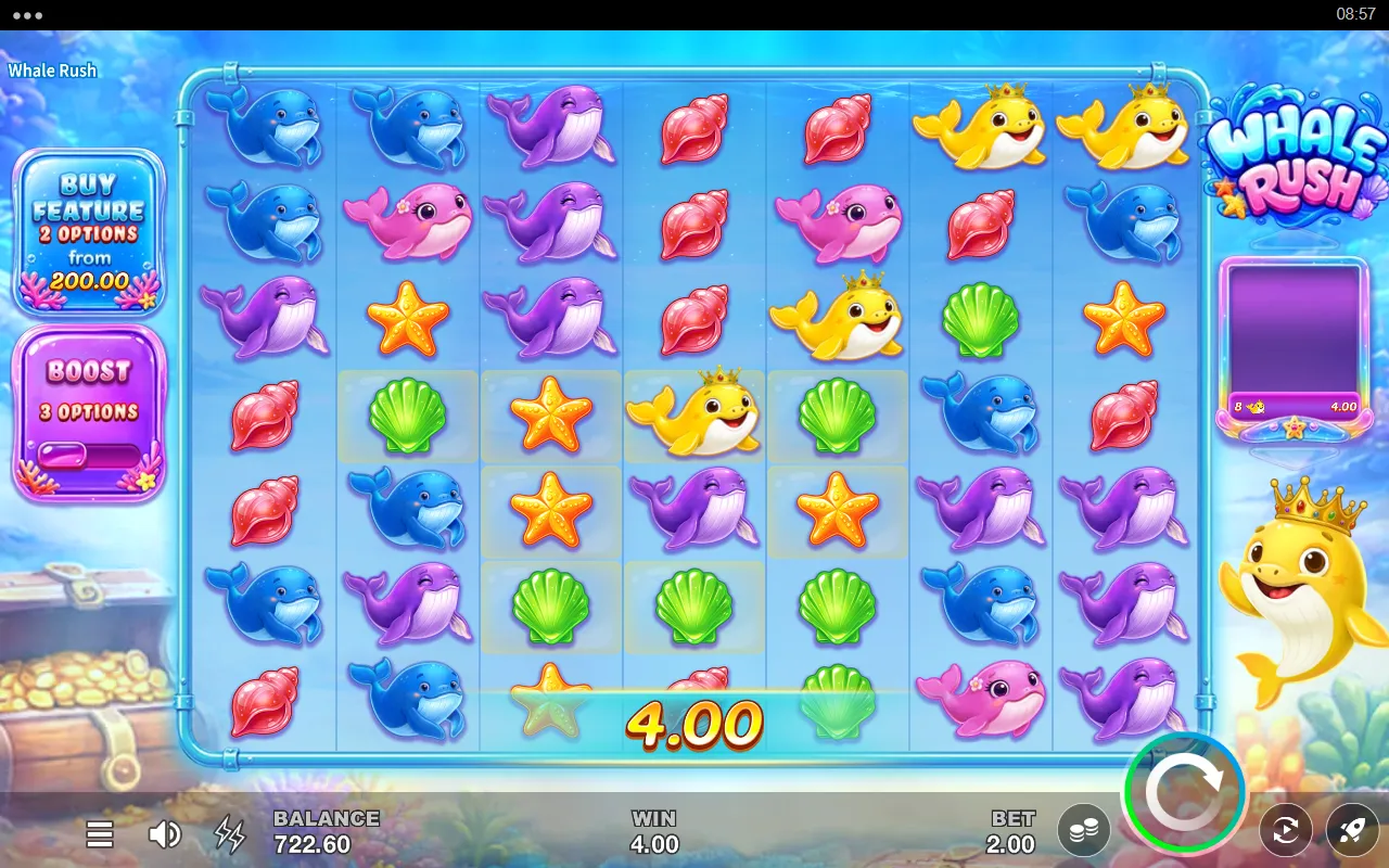 Whale Rush base game paying 4.00 for a cluster of eight crowned yellow whales, with the cleared positions left pale