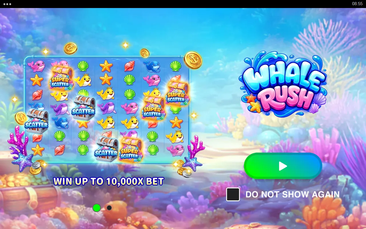 Whale Rush intro slide showing silver Scatter and gold Super Scatter chests on the grid above the words WIN UP TO 10,000X BET