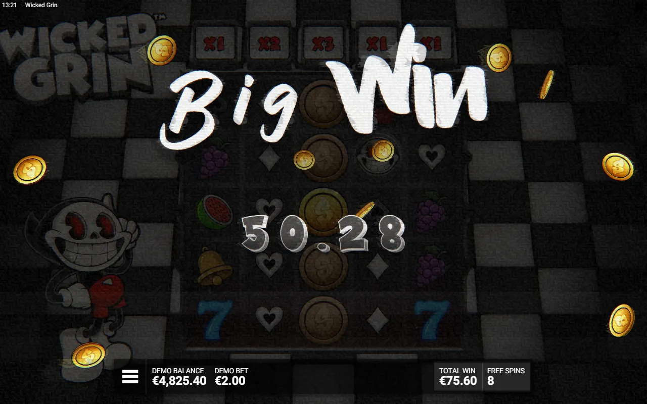 Big Win celebration card counting up a bonus total over scattered gold coins