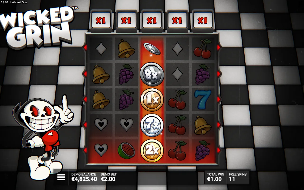 A Wicked Grin expansion turning the middle reel into coins reading 8x, 1x, 7x and 2x during free spins