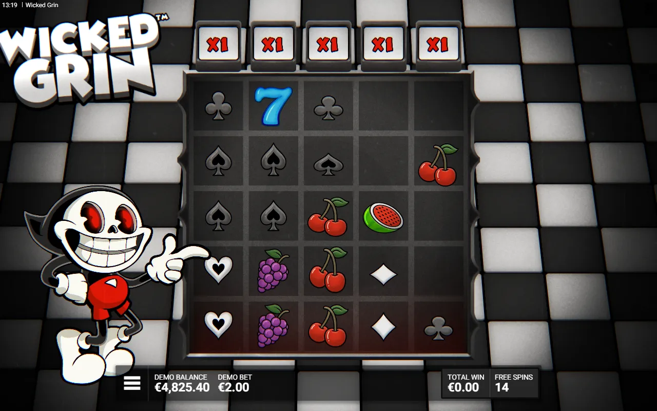 Free spins board with five Stash multipliers still at x1 above the reels and no expanding symbol