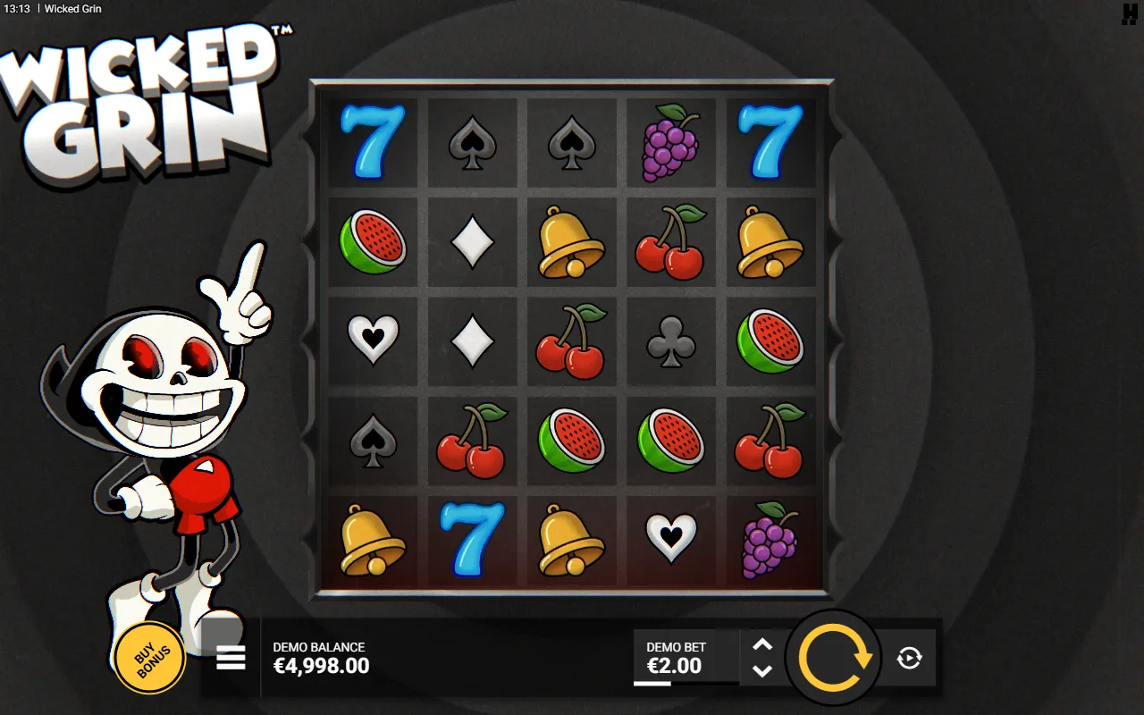 5x5 black and white cartoon slot grid of card suits and fruit with no six-of-a-kind and no win