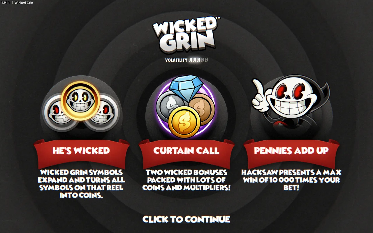 Wicked Grin splash screen showing a three of five volatility meter and a 10,000x max win over three cartoon feature cards