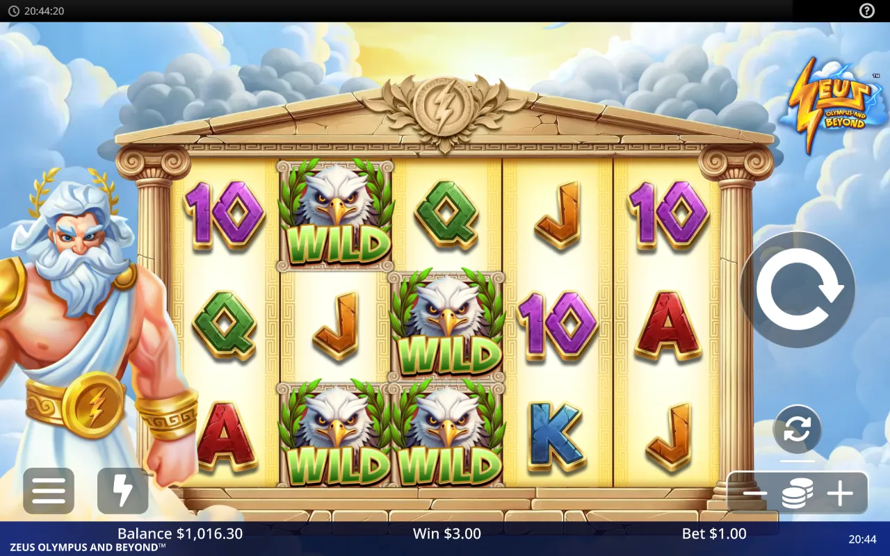 four eagle wild symbols locked on the second and third reels of Zeus Olympus and Beyond during an Eagle Wilds respin