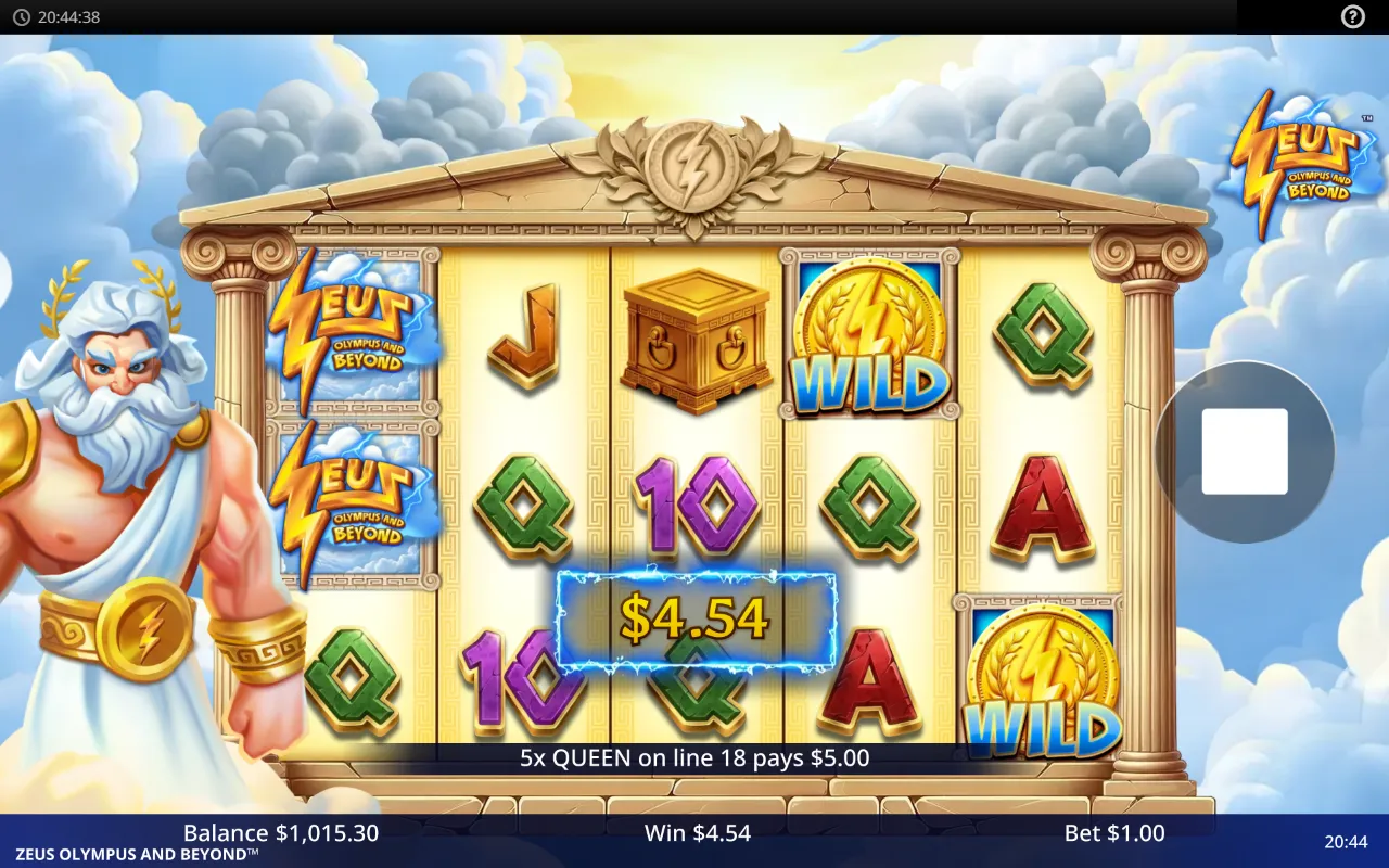 Zeus Olympus and Beyond reels with a five of a kind queen win called out on line 18