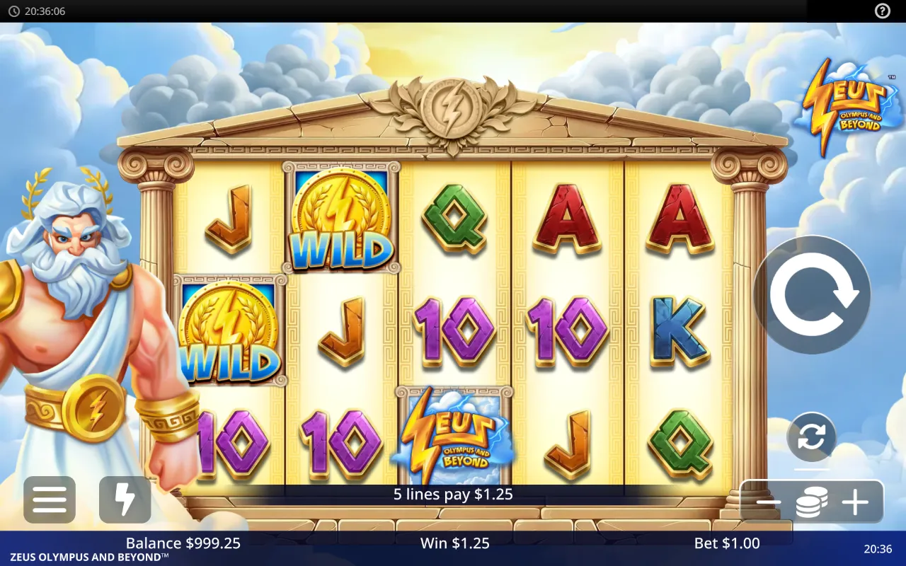 Zeus Olympus and Beyond 5x3 reels inside a marble temple with two gold wild coins and five winning lines lit