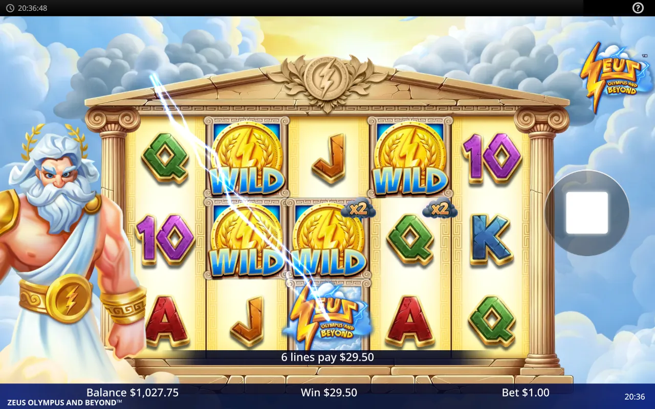 lightning striking across the Zeus Olympus and Beyond reels with three wild coins and six winning lines