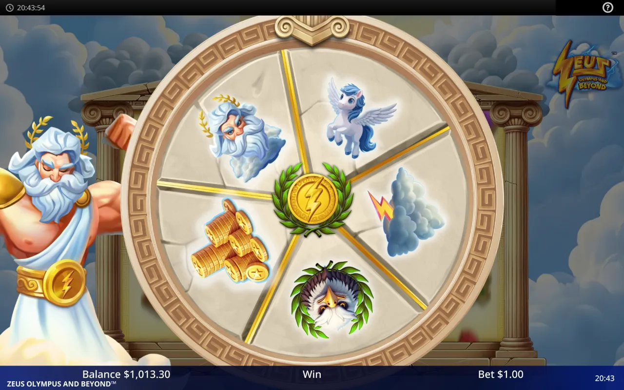 the Random Wheel feature spinning over the Zeus Olympus and Beyond reels with five feature segments