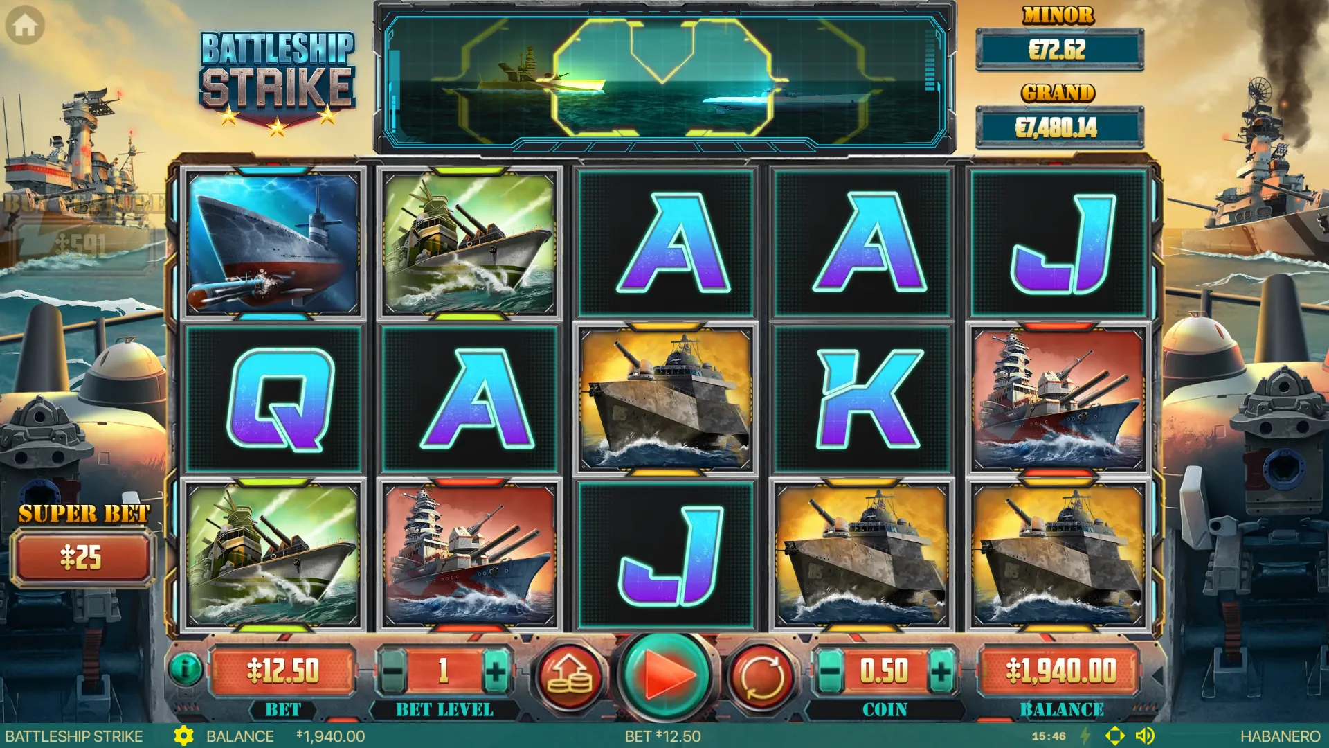 Battleship Strike base game with the greyed-out buy feature plate beside the 5x3 reels