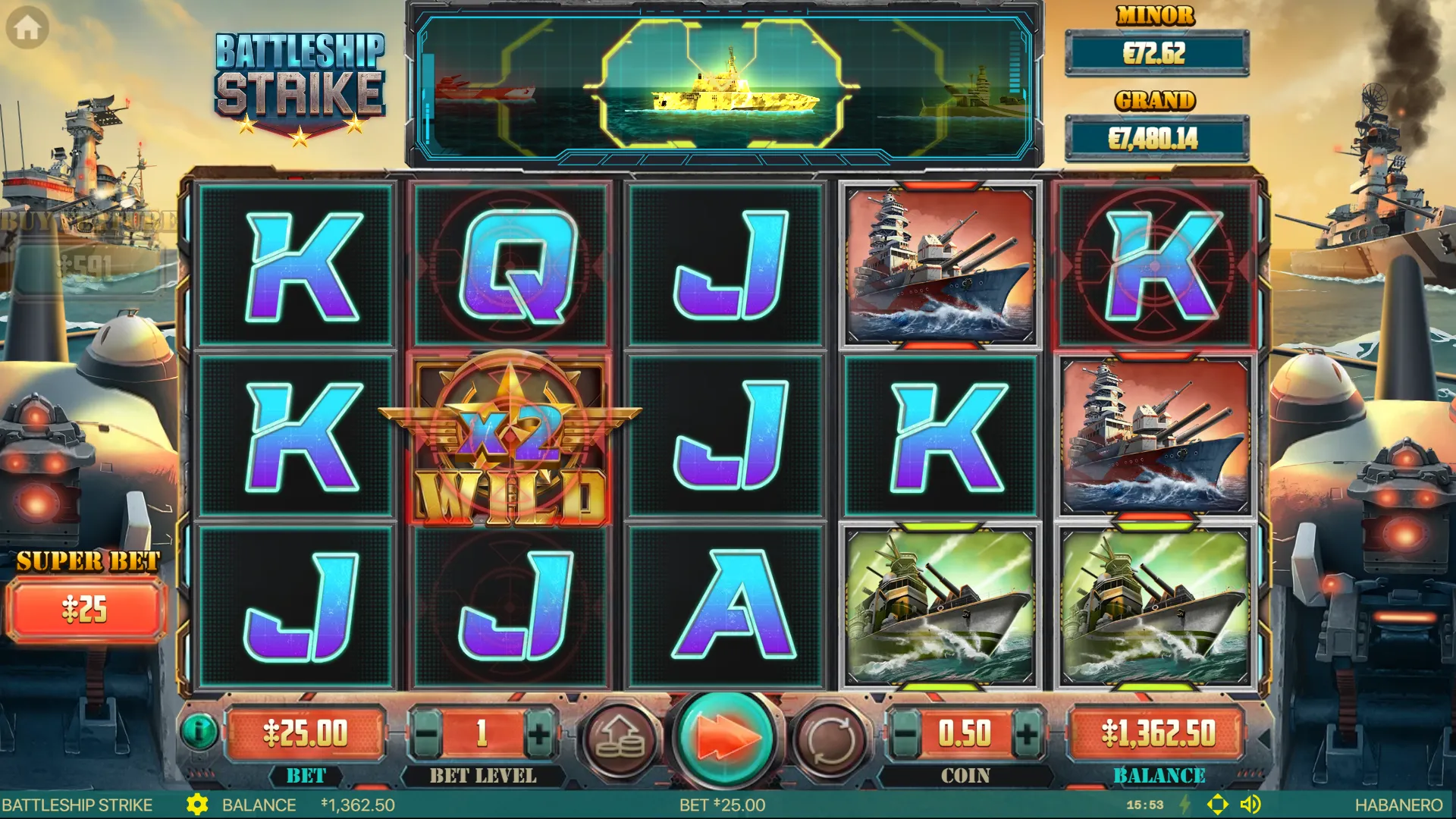 Battleship Strike radar strike converting a ship into an x2 wild during a Super Bet spin on the 5x3 grid