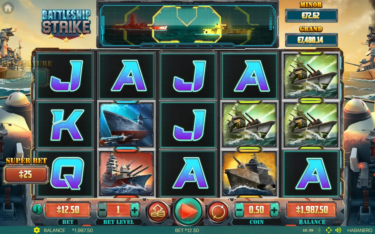 Battleship Strike 5x3 board after a losing spin with ship and royal symbols