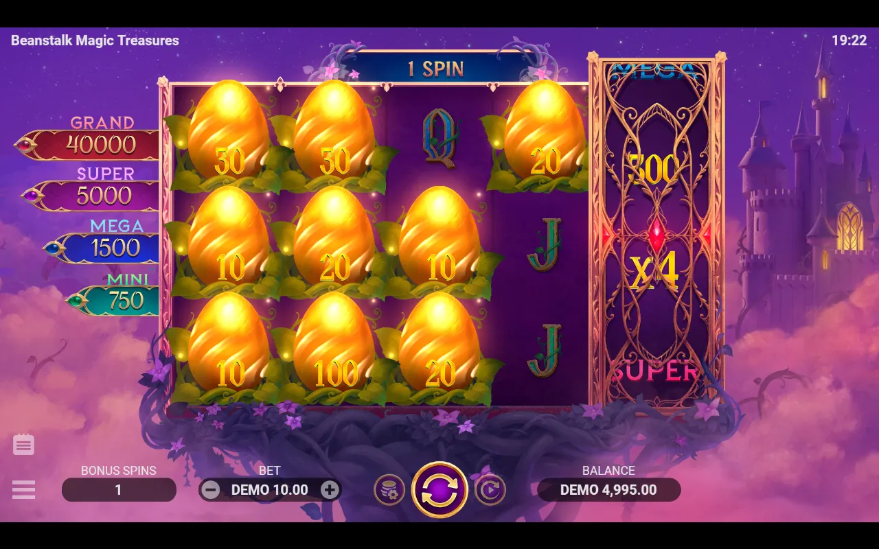 Beanstalk Magic Treasures bonus game with nine golden eggs held and the Grand Reel locked behind its gate