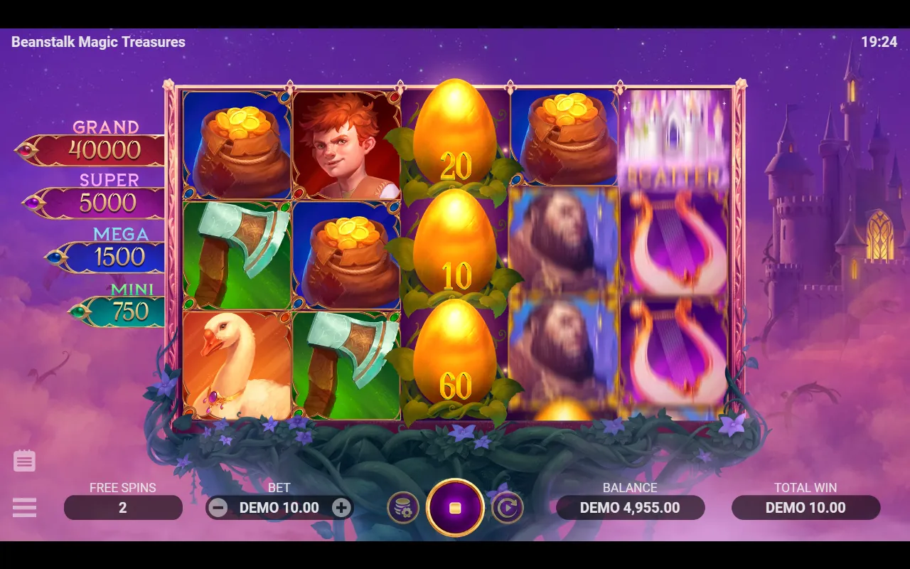 Beanstalk Magic Treasures free spins with three golden eggs stacked on the middle reel