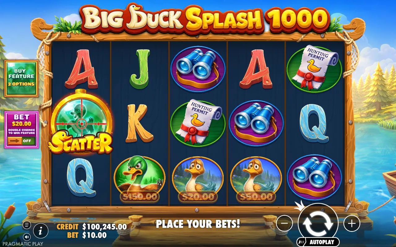 Big Duck Splash 1000 base game board with three money ducks whose price plates are greyed out