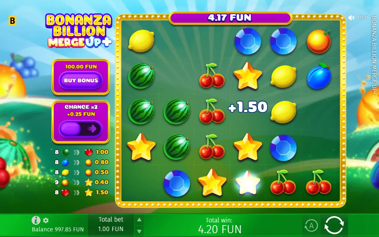 Bonanza Billion Merge Up cascade with the merge ledger listing which symbol each group turns into