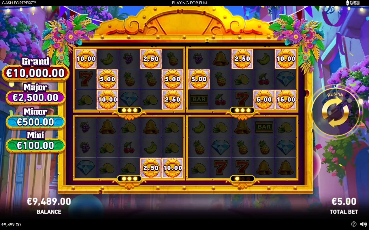 Quad Cash Fortress feature start with four 3x5 boards and first held coins