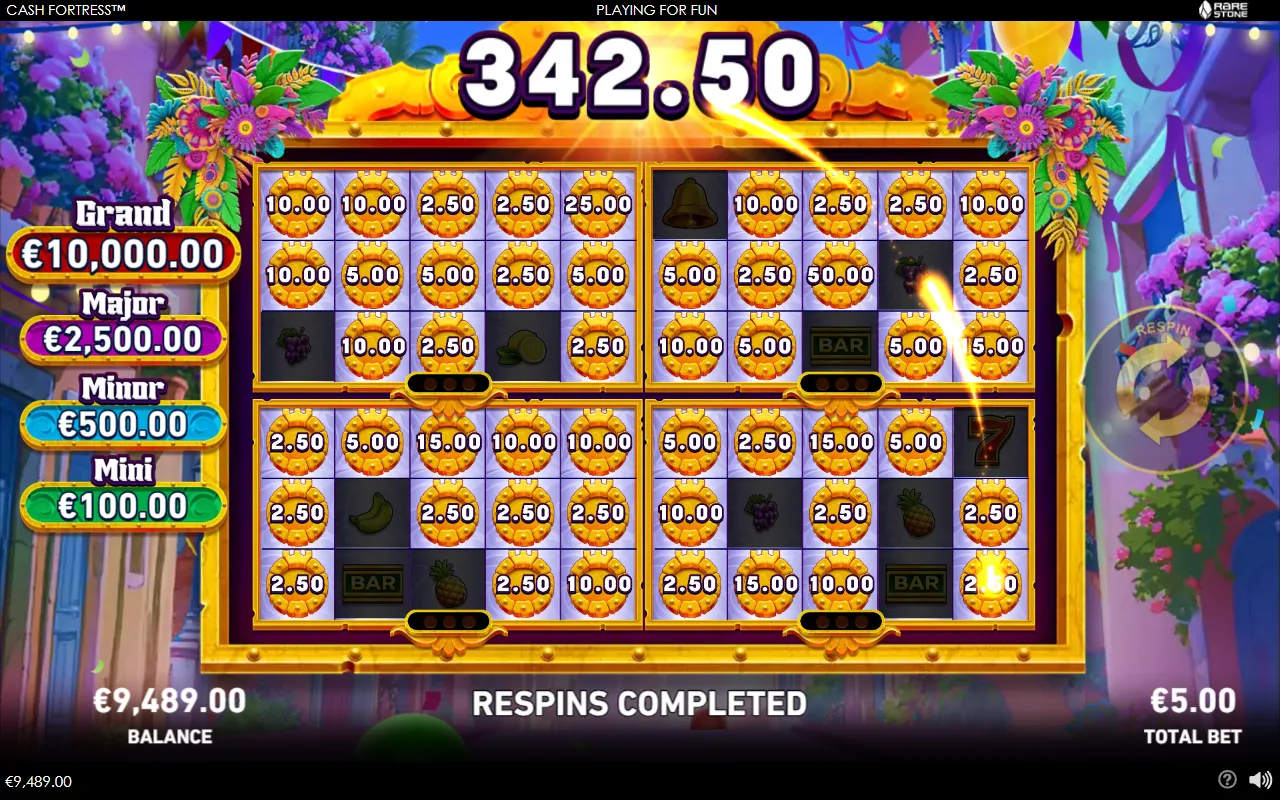 Quad Cash Fortress respins completed with 342.50 total across four boards
