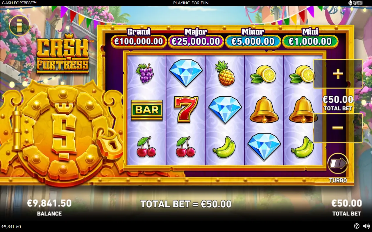 Cash Fortress fixed jackpot labels scaling with a 50 euro bet