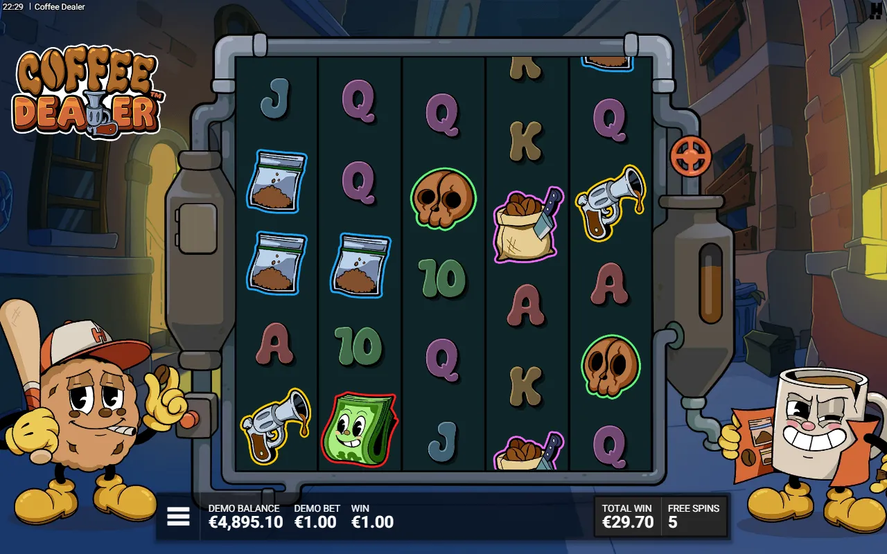 Coffee Dealer free spin with no coffee cup on the board and five free spins remaining