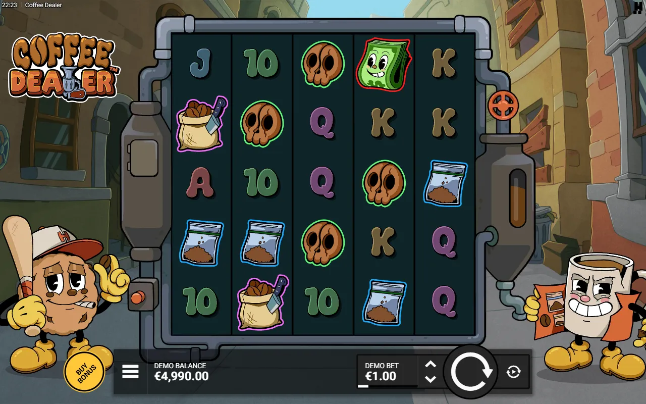 Coffee Dealer 5x5 board of royals, skulls and coffee bags with no coffee cup and no winning line