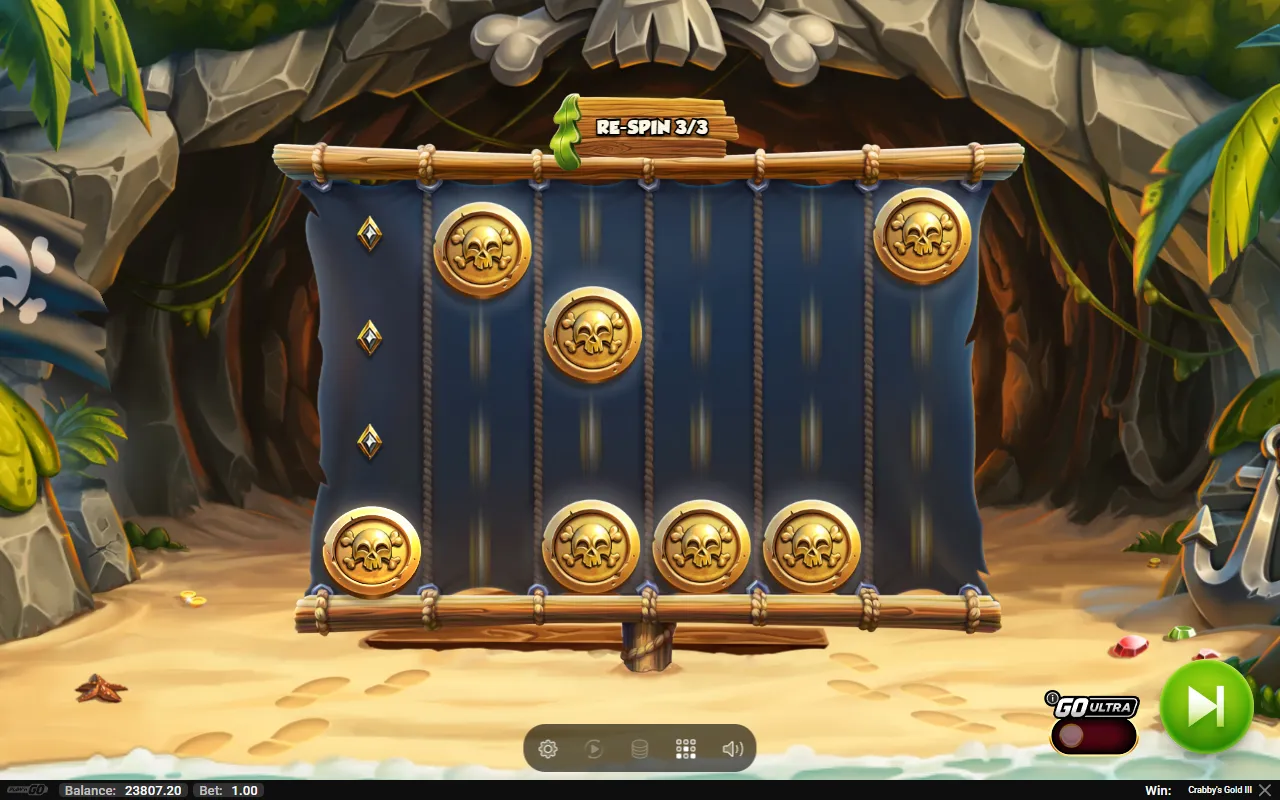 Crabby's Gold III Hold'n Spin with face-down coins held on the sail and three respins remaining