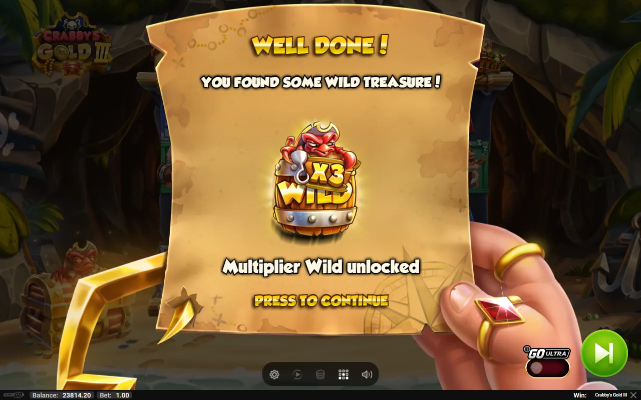 Crabby's Gold III scroll announcing the first Treasure Trail upgrade, unlocking the multiplier wild
