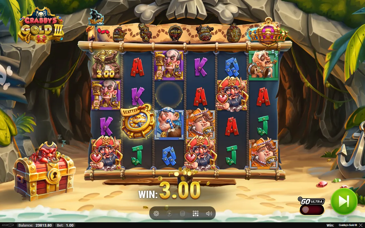 Crabby's Gold III 6x4 grid paying a small way win with a gold coin scatter on the board